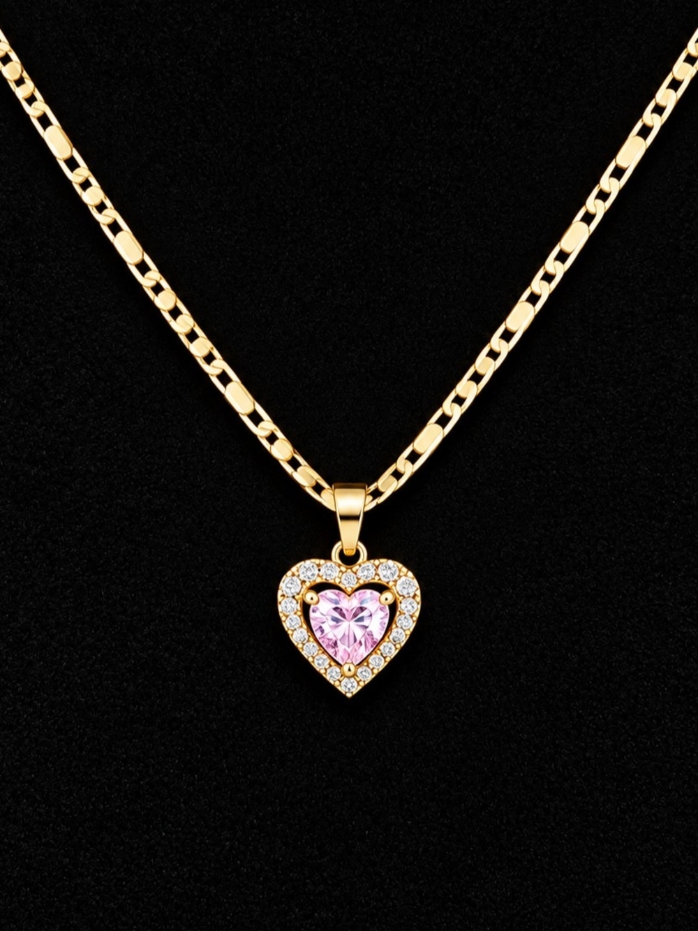 Gold Heart Pendant Necklace with Pink Crystal